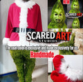 Green santa costume +MASK Includes: (fur pants, red sweater, fur shoe covers Reds, and fur and latex gloves, latex mask)/costume, movie, Green, christmas, navidad