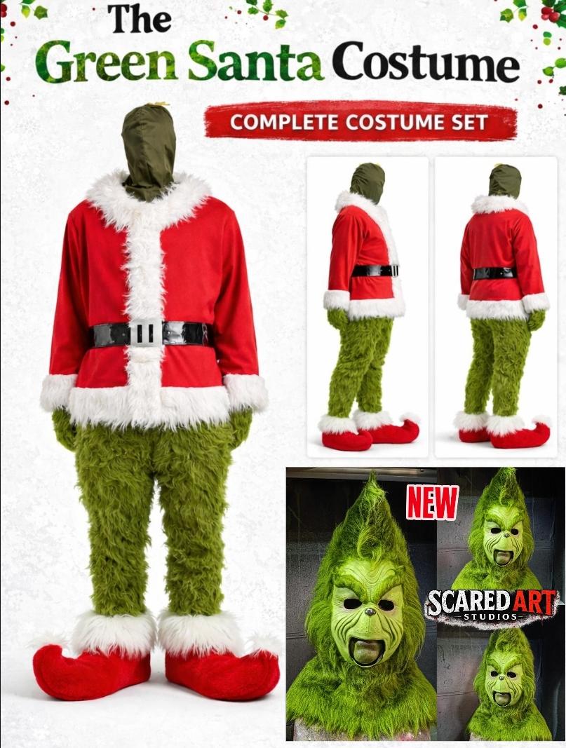 Green santa costume +MASK Includes: (fur pants, red sweater, fur shoe covers Reds, and fur and latex gloves, latex mask)/costume, movie, Green, christmas, navidad