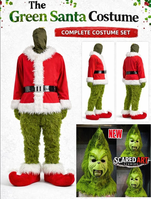 Green santa costume +MASK Includes: (fur pants, red sweater, fur shoe covers Reds, and fur and latex gloves, latex mask)/costume, movie, Green, christmas, navidad